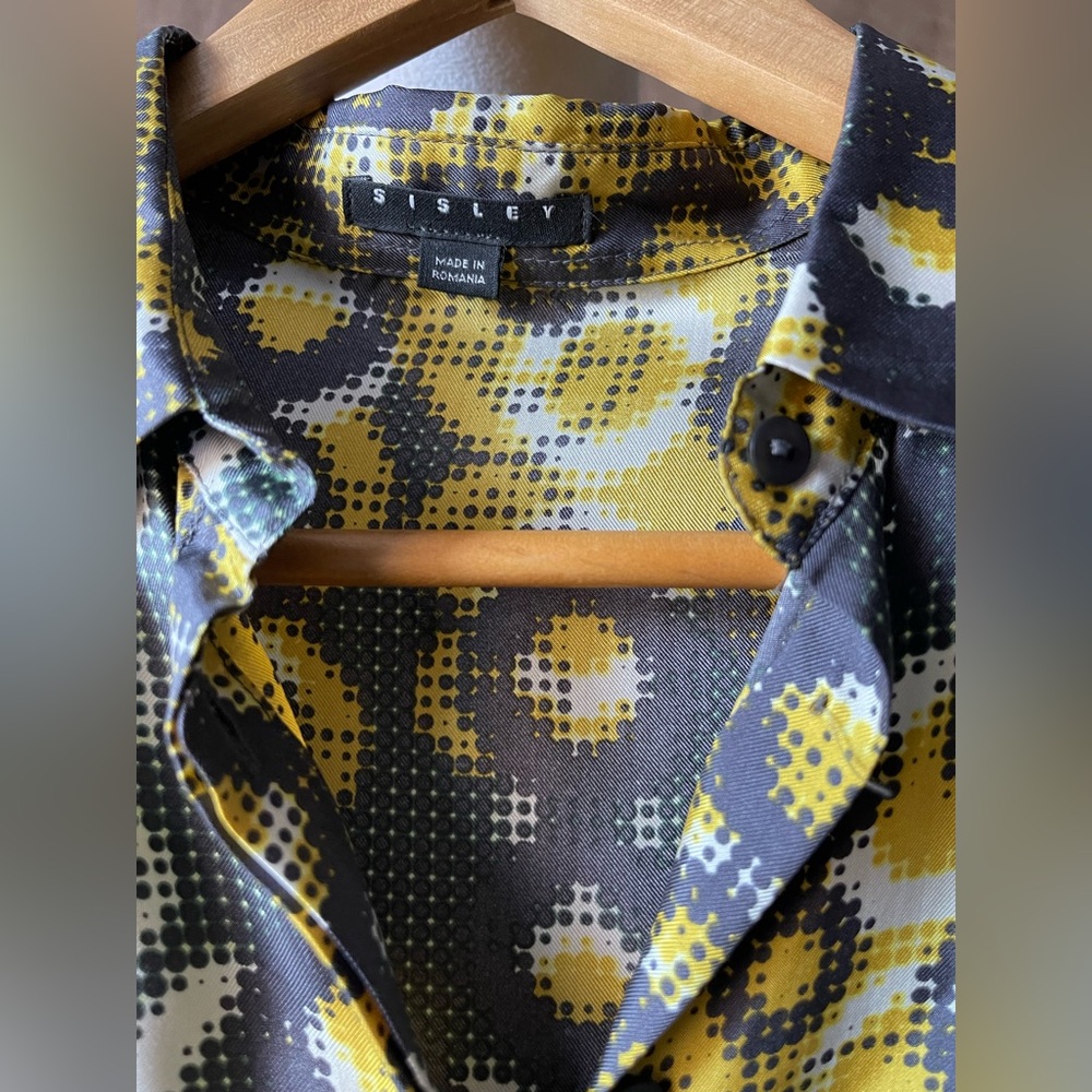 Sisley 100% Silk Graphic Blouse | Yellow Black Abstract Print Button Down Top S - Picture 2 of 5